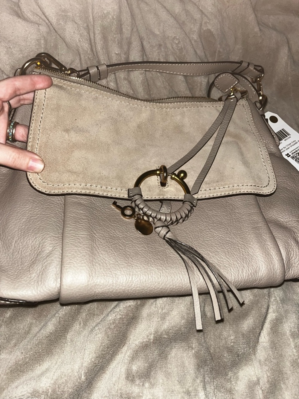 Chloe Large calfskin Leather & Suede Taupe Crossbody Bag w/ tassel, key, lock